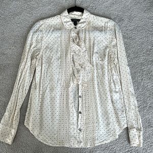 J crew - cream ruffle front house with navy polka dots